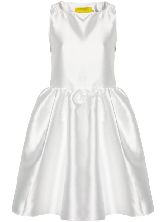 White Puffball-hem Satin Midi Dress