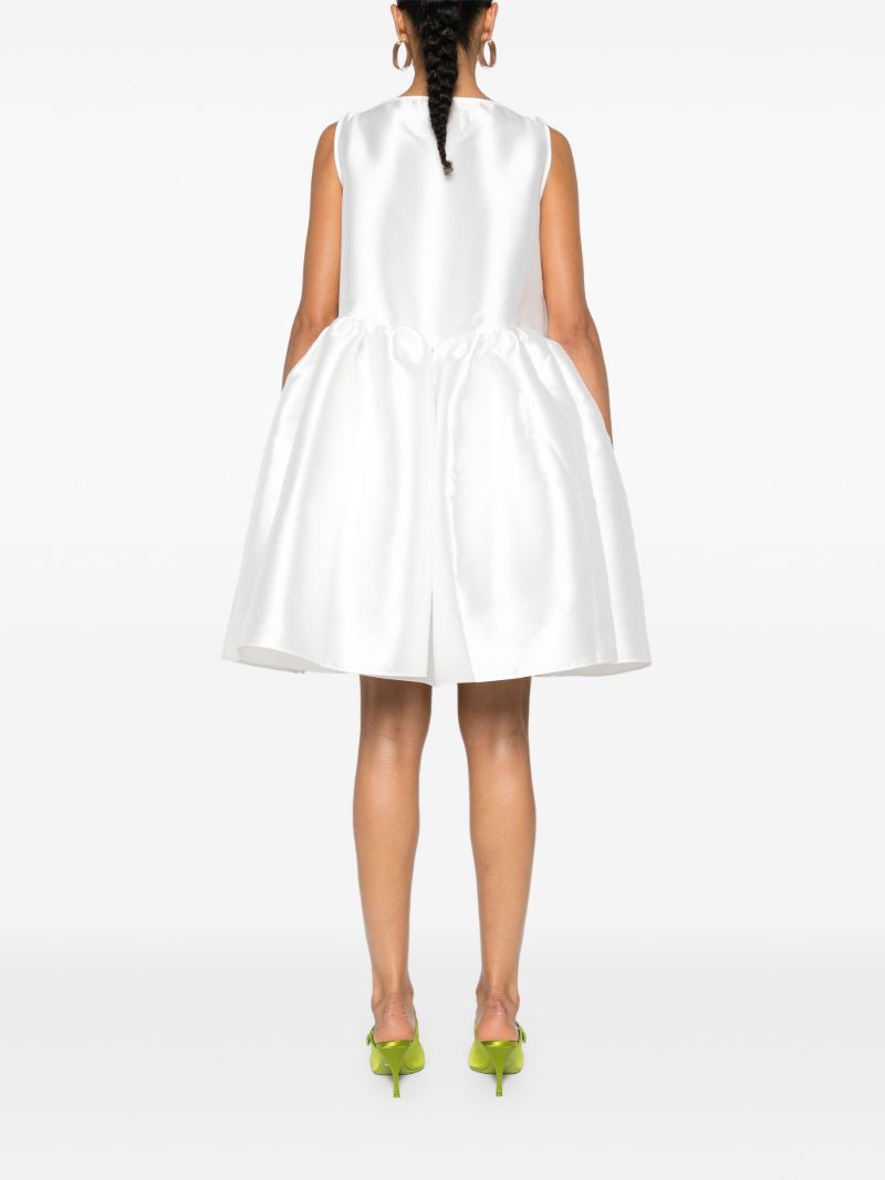 White Puffball-hem Satin Midi Dress