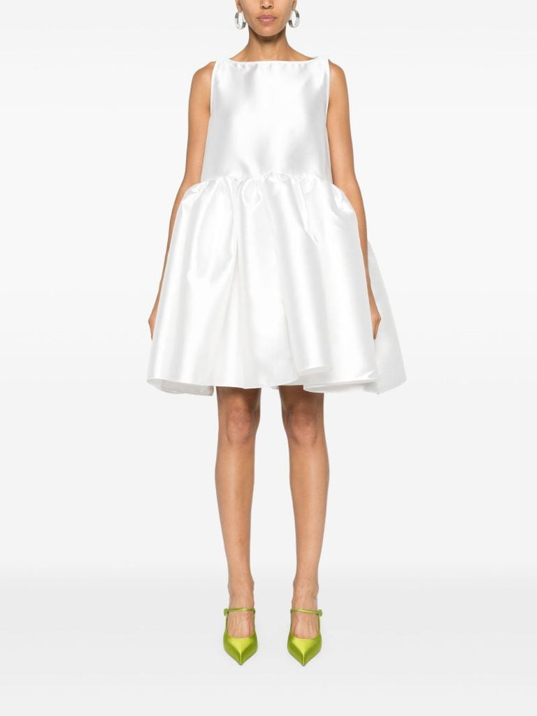 White Puffball-hem Satin Midi Dress