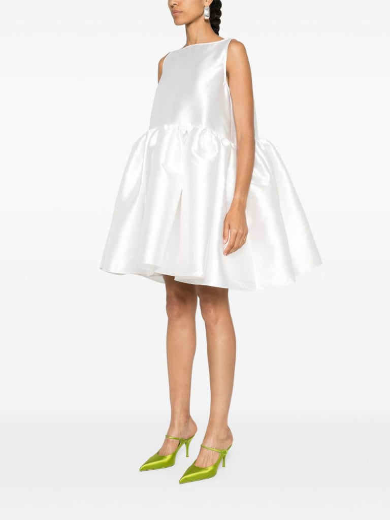 White Puffball-hem Satin Midi Dress