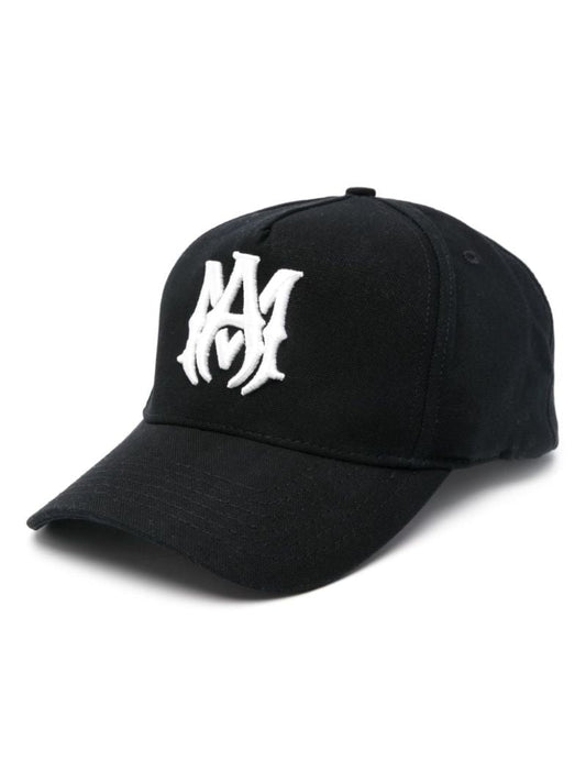 Black Ma-embroidered Cotton Cap