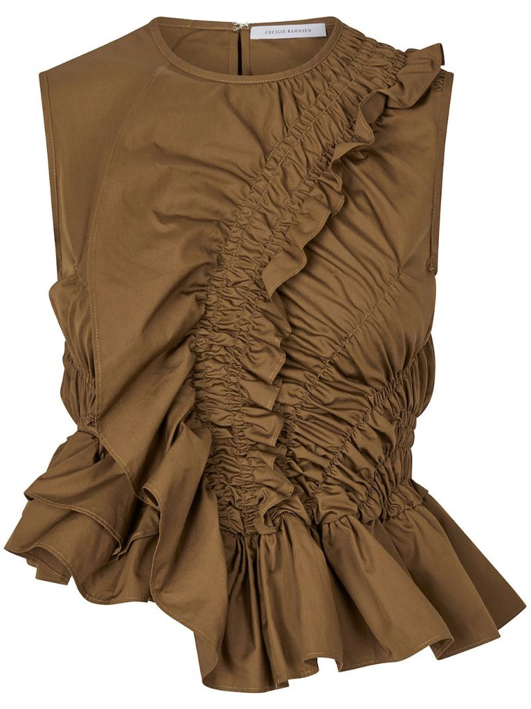 Brown Geo Peplum Asymmetric Blouse
