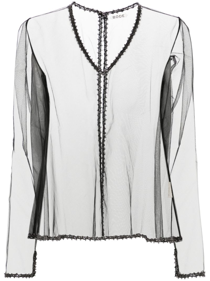 Black Deco Bead Odrira Sheer Blouse