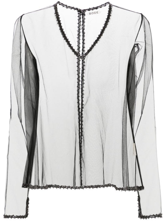 Black Deco Bead Odrira Sheer Blouse