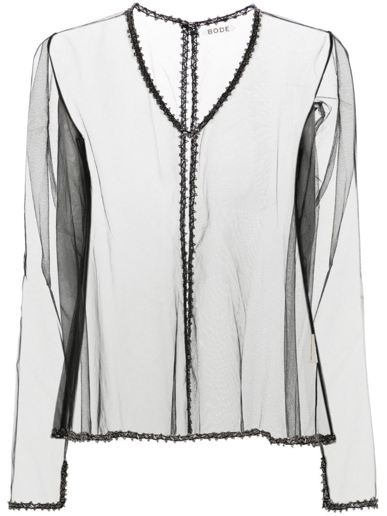 Black Deco Bead Odrira Sheer Blouse