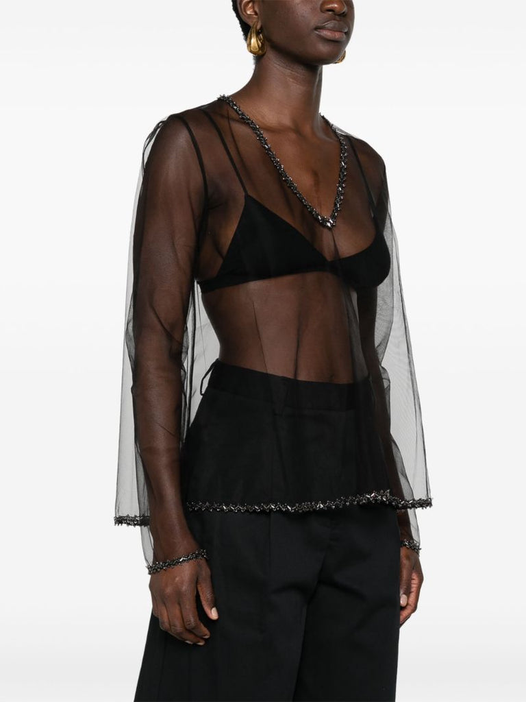 Black Deco Bead Odrira Sheer Blouse