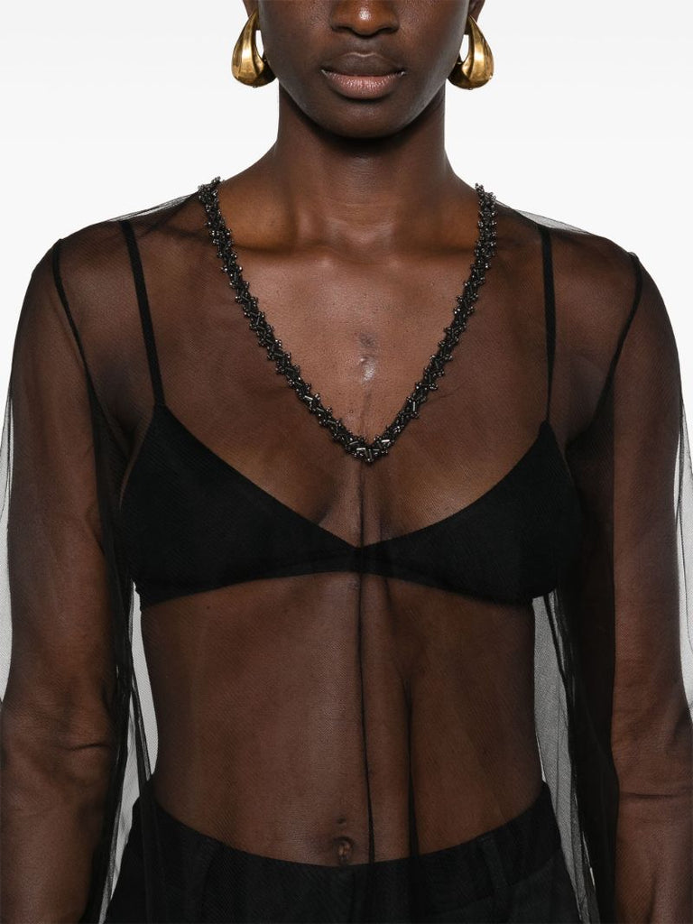 Black Deco Bead Odrira Sheer Blouse