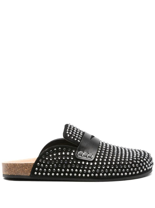 Black Crystal-embellished Suede Mules