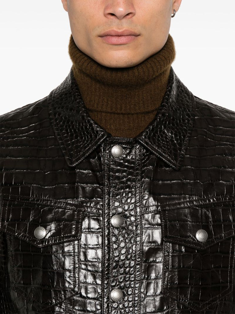 Black Crocodile-effect Leather Jacket