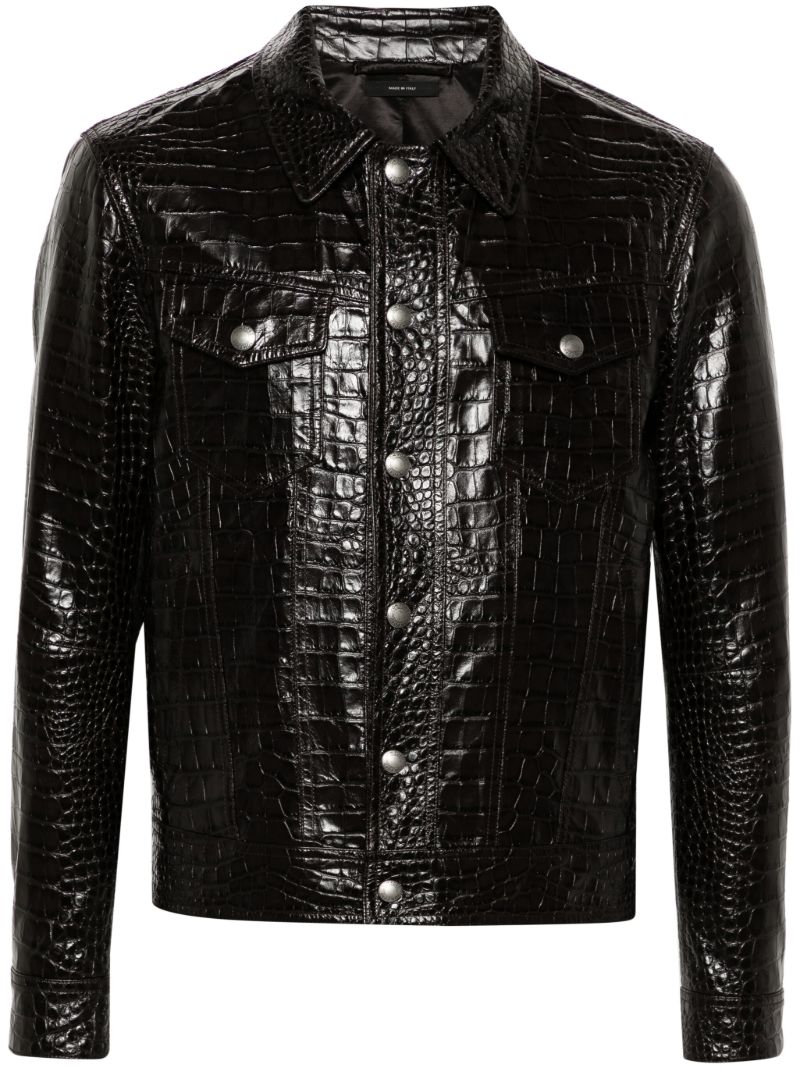 Black Crocodile-effect Leather Jacket