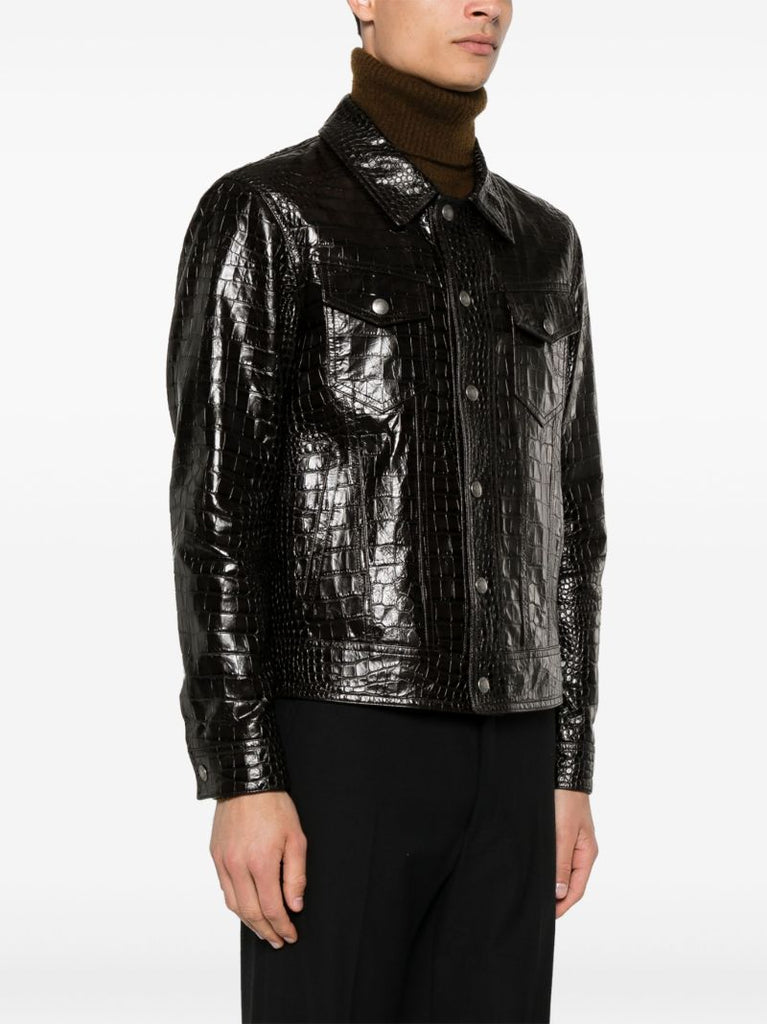 Black Crocodile-effect Leather Jacket