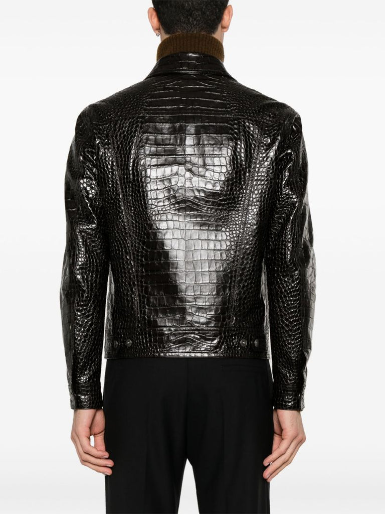 Black Crocodile-effect Leather Jacket