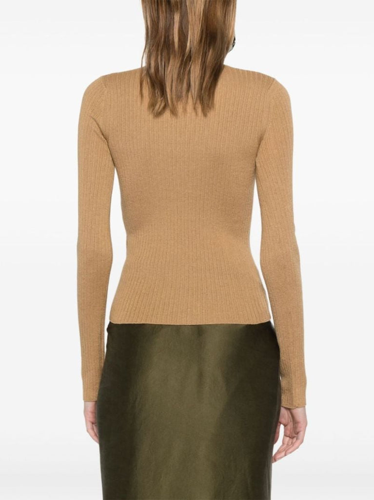 Neutral Ribbed-knit V-neck Sweater