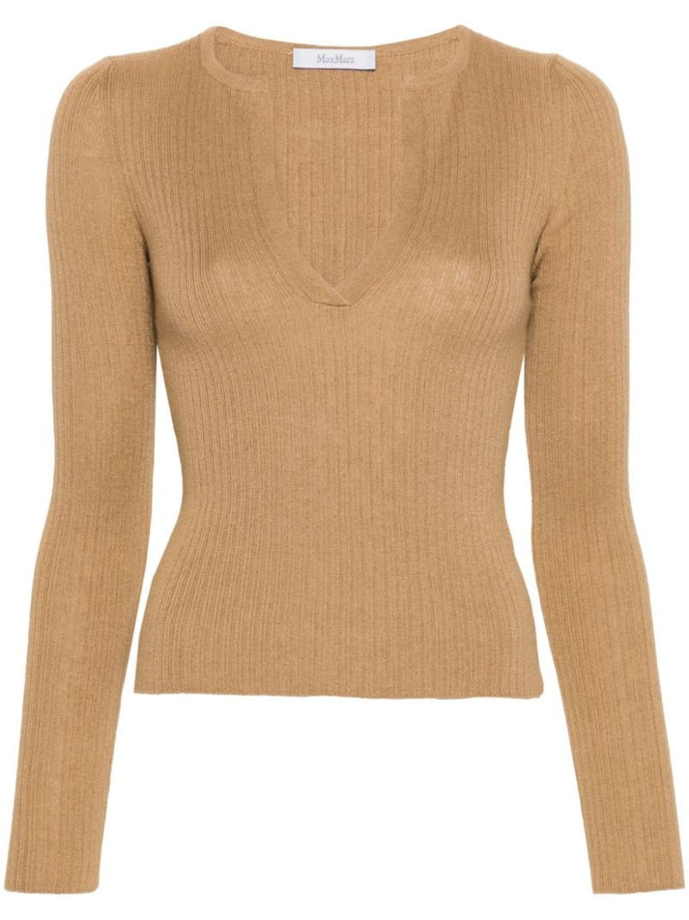 Neutral Ribbed-knit V-neck Sweater