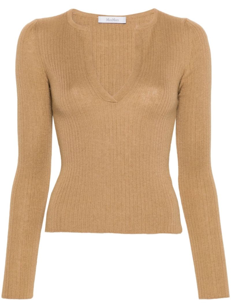 Neutral Ribbed-knit V-neck Sweater