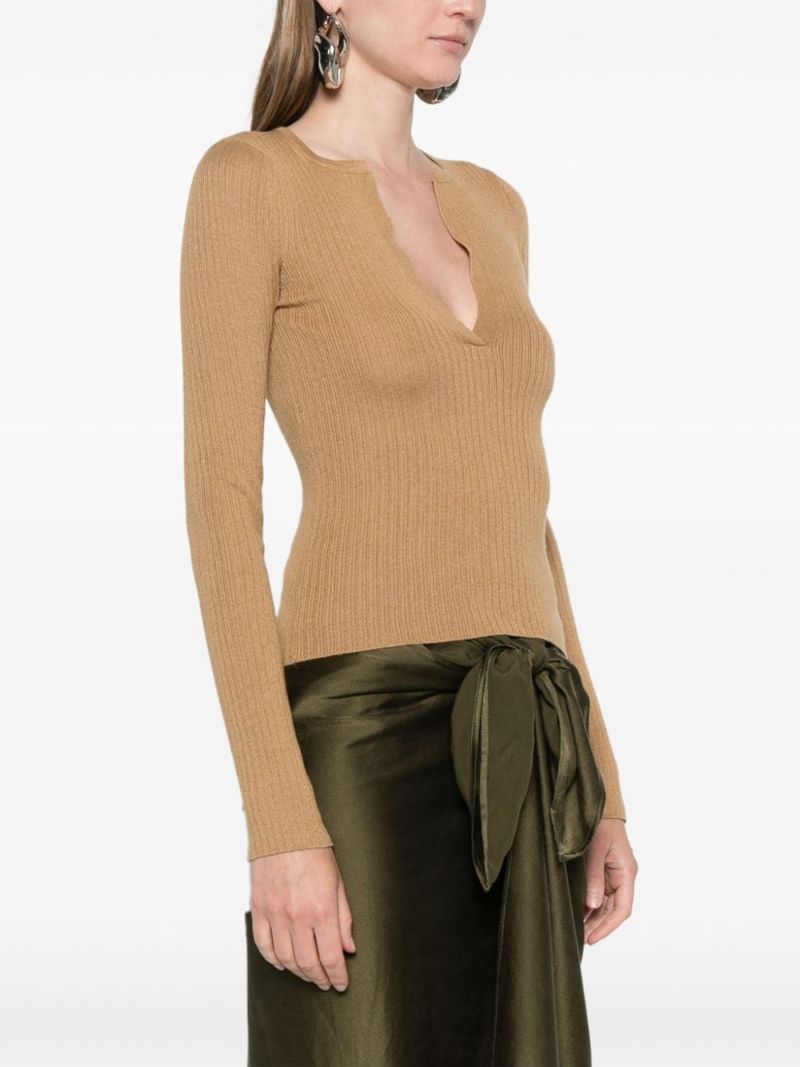 Neutral Ribbed-knit V-neck Sweater