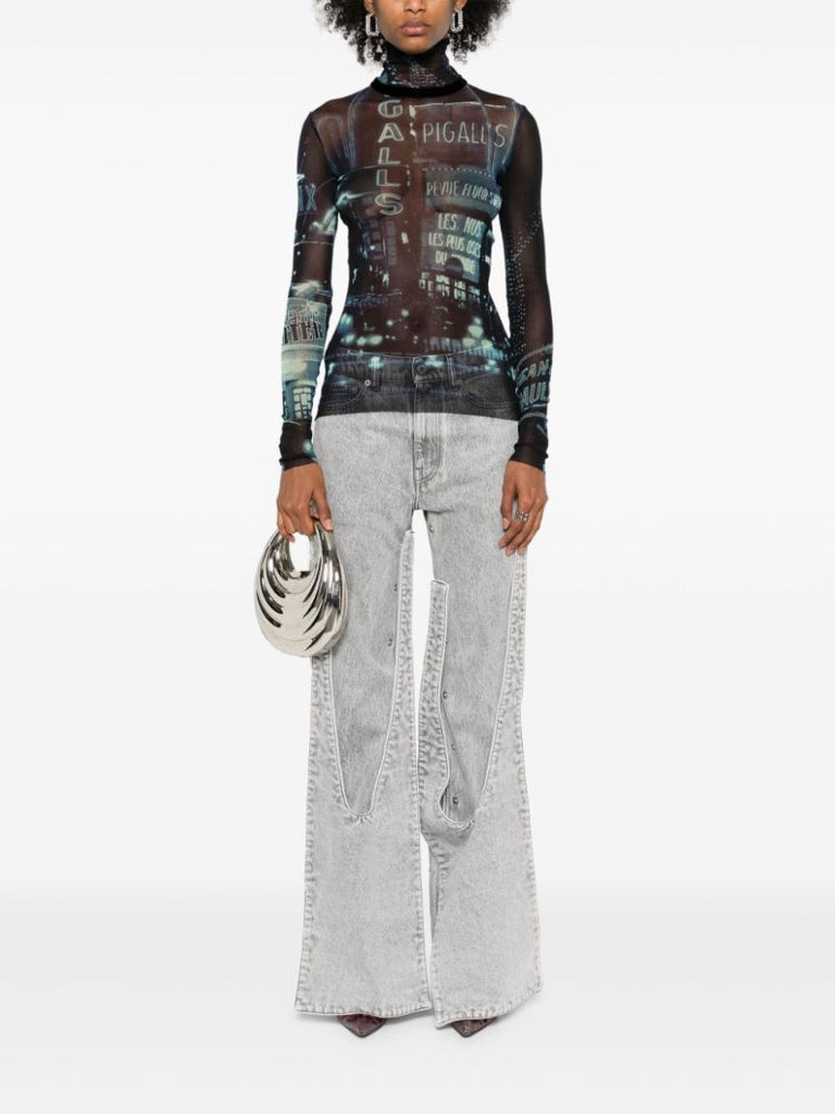 Blue Photo Print Mesh Top