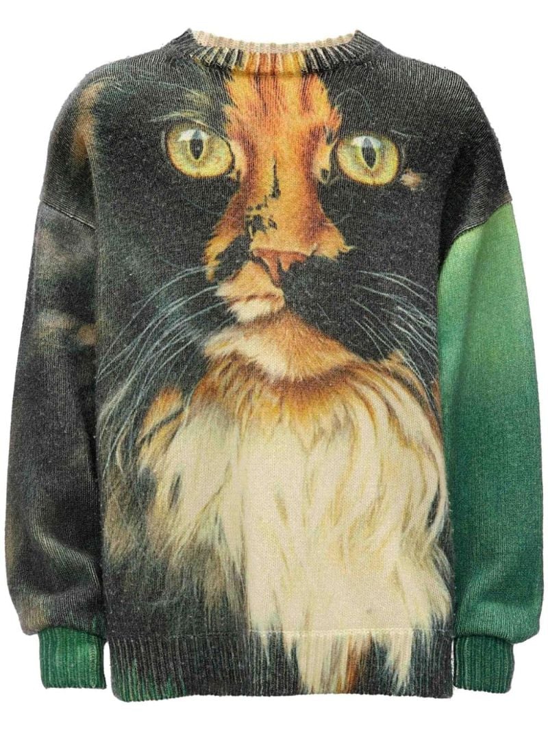 Green Cat-print Knitted Sweater