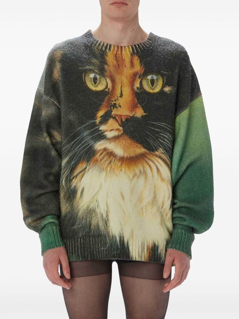 Green Cat-print Knitted Sweater