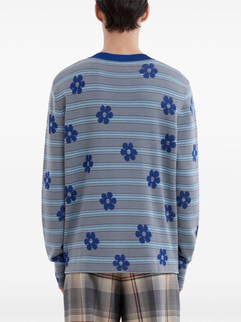 Grey Striped Floral Cotton Sweater