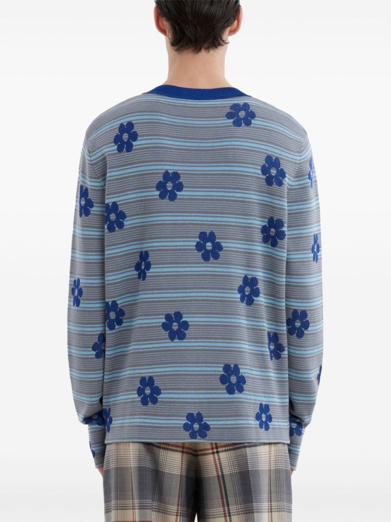Grey Striped Floral Cotton Sweater