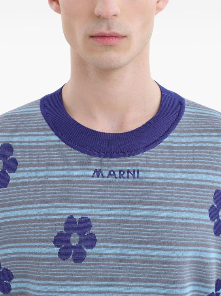 Grey Striped Floral Cotton Sweater