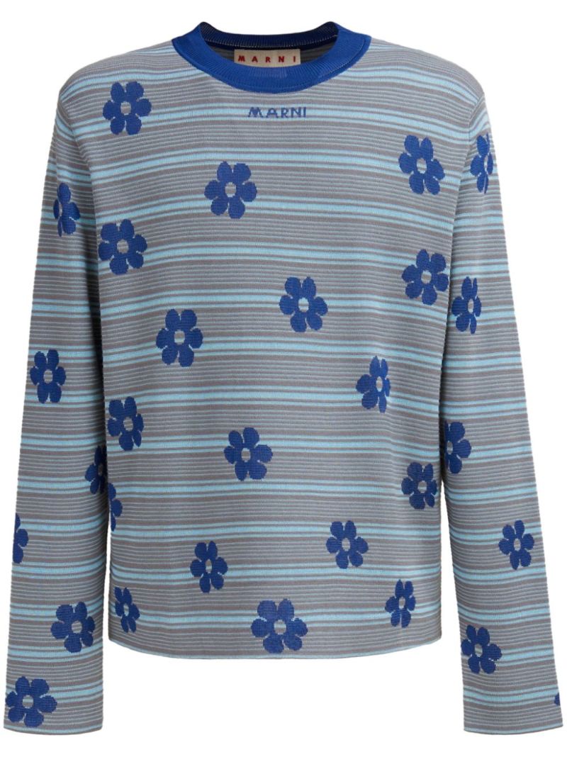 Grey Striped Floral Cotton Sweater