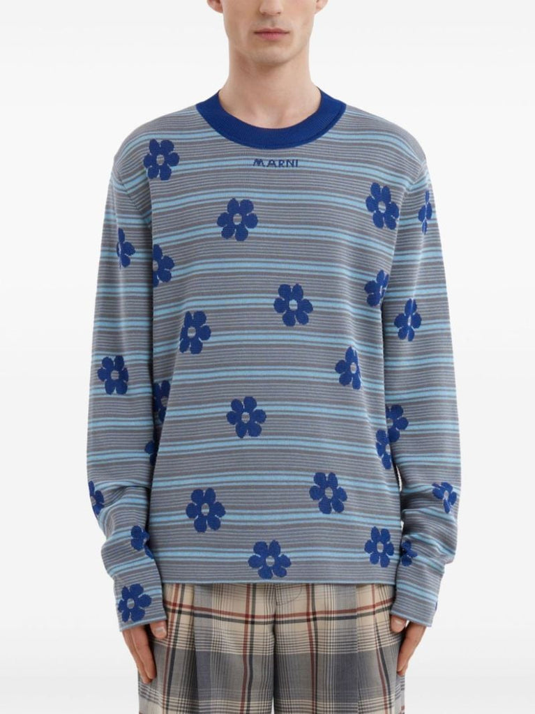 Grey Striped Floral Cotton Sweater