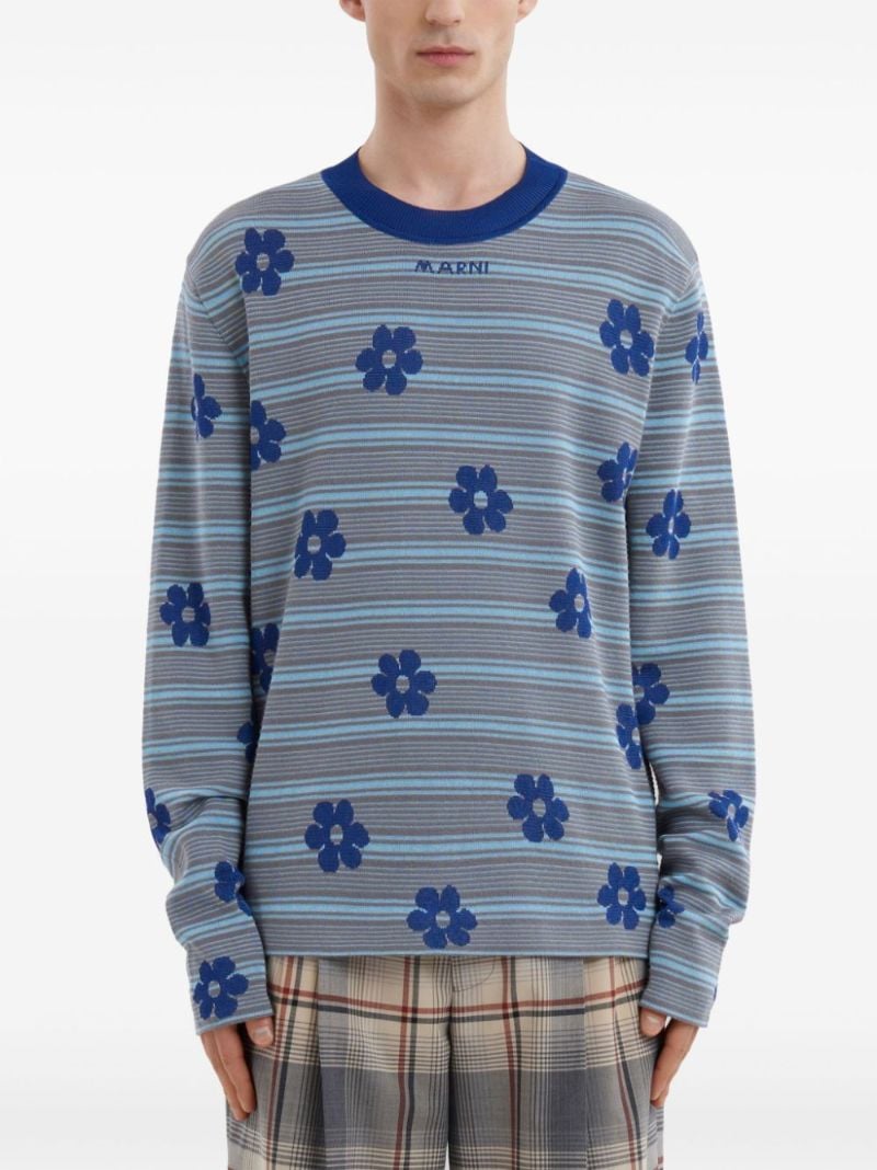 Grey Striped Floral Cotton Sweater
