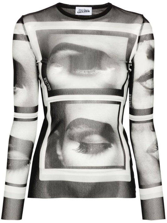 Black Photo Print Mesh Top