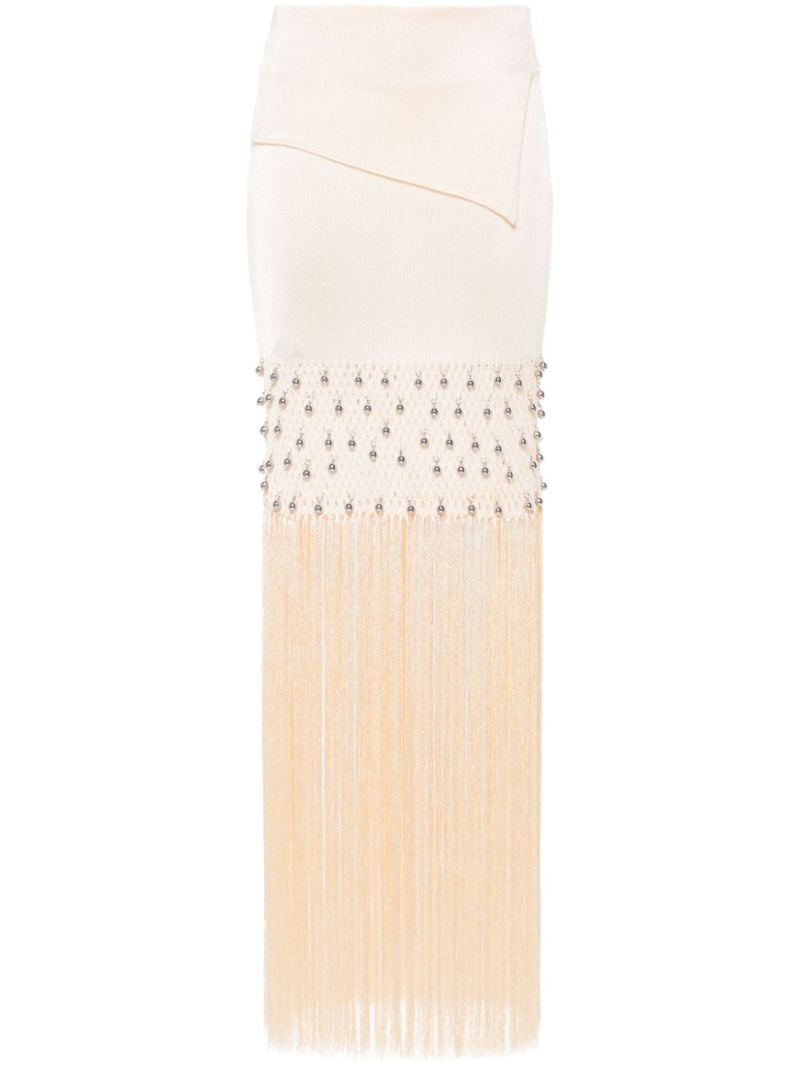 Neutral Knitted Fringed Maxi Skirt