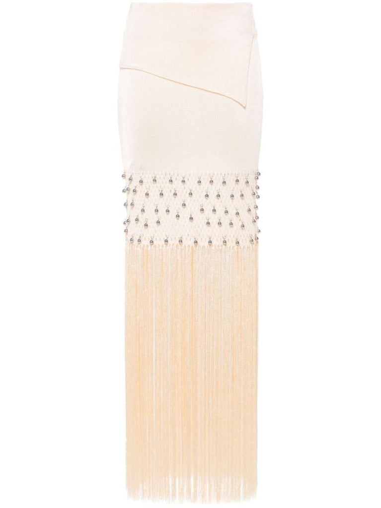 Neutral Knitted Fringed Maxi Skirt