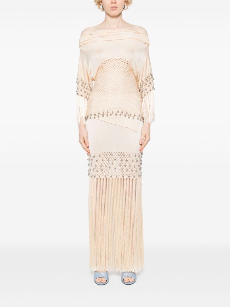 Neutral Knitted Fringed Maxi Skirt