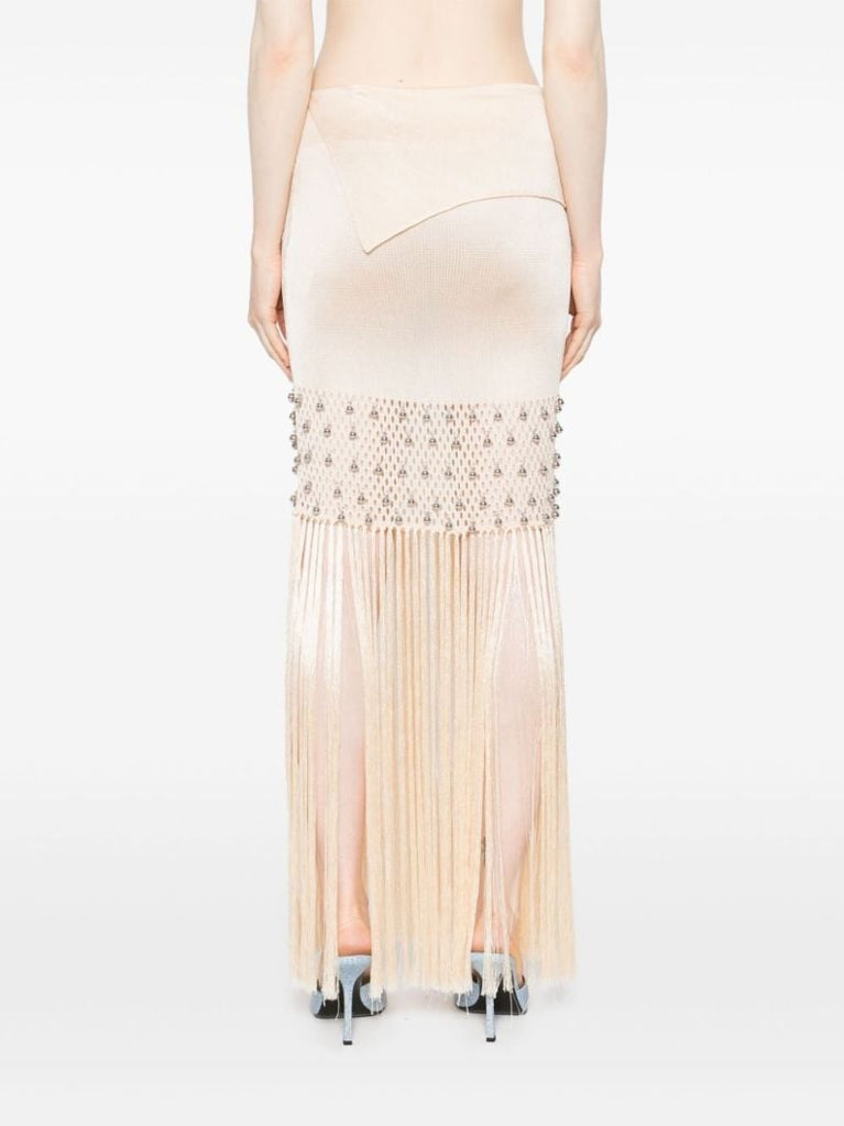 Neutral Knitted Fringed Maxi Skirt