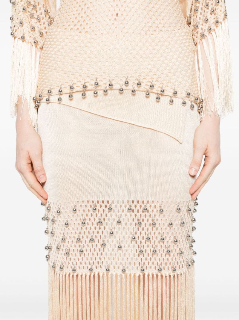 Neutral Knitted Fringed Maxi Skirt
