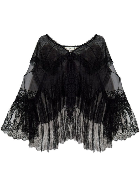 Black Floral Lace Silk Blouse