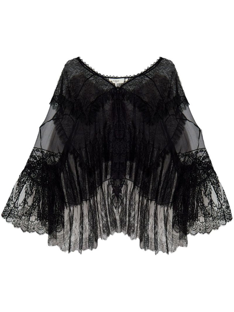 Black Floral Lace Silk Blouse