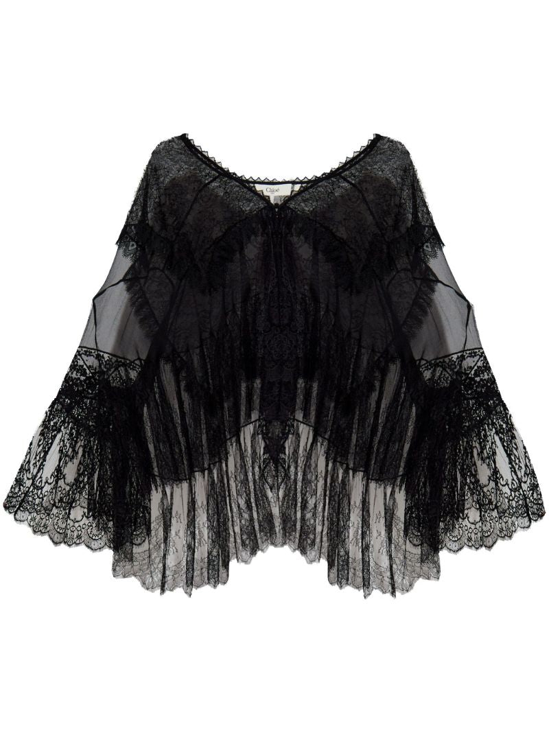 Black Floral Lace Silk Blouse
