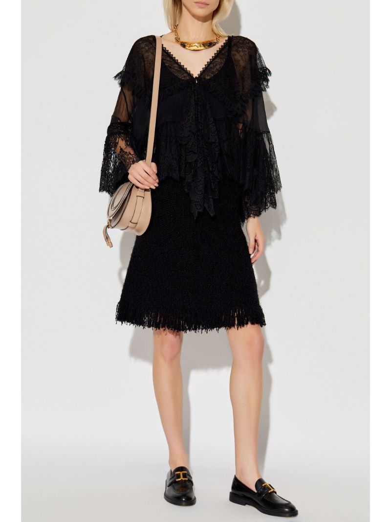 Black Floral Lace Silk Blouse