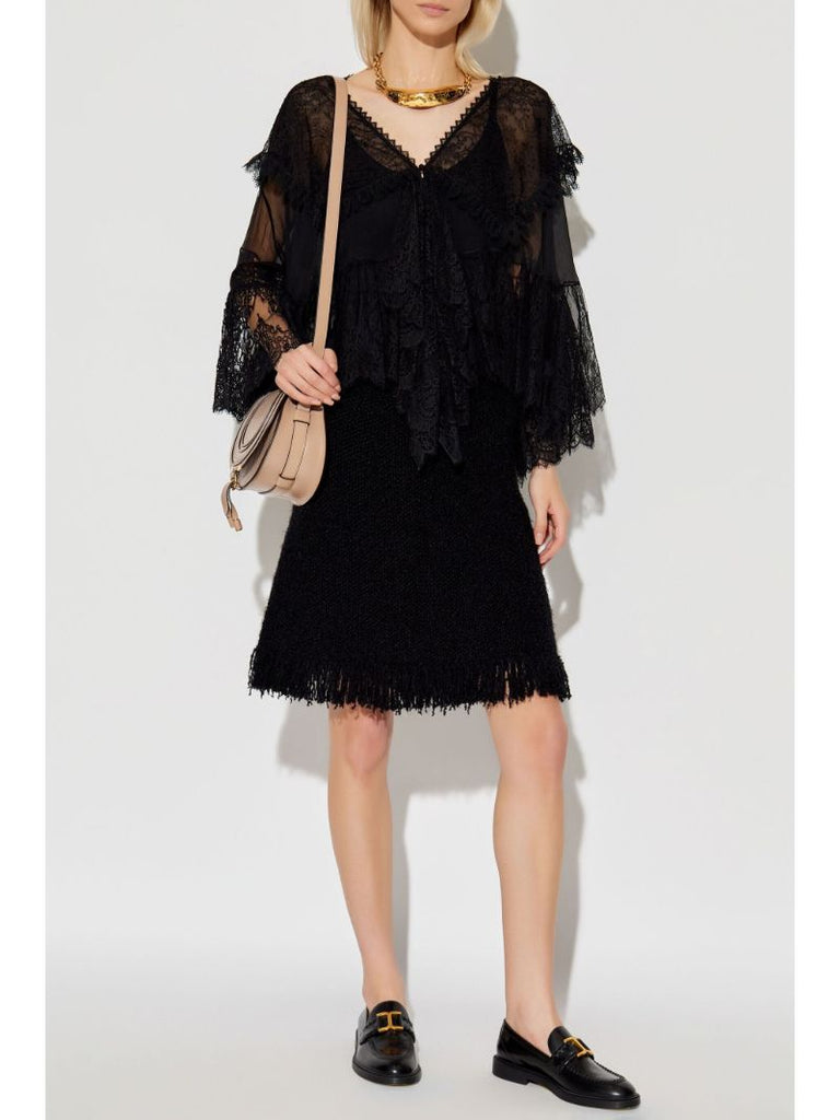 Black Floral Lace Silk Blouse