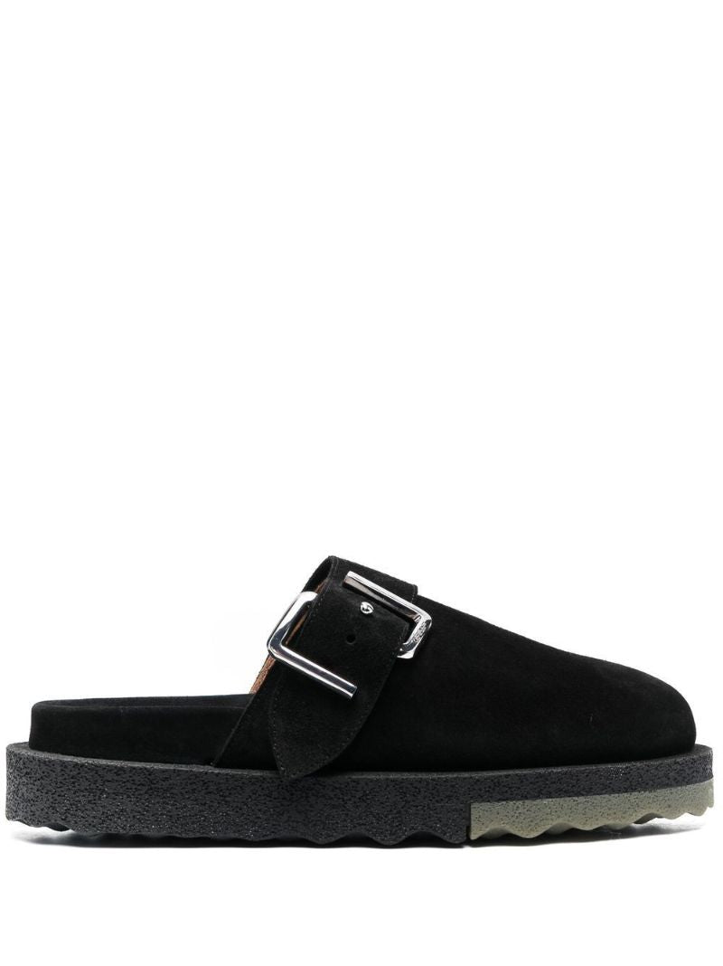 Black Buckle Detail Suede Slippers
