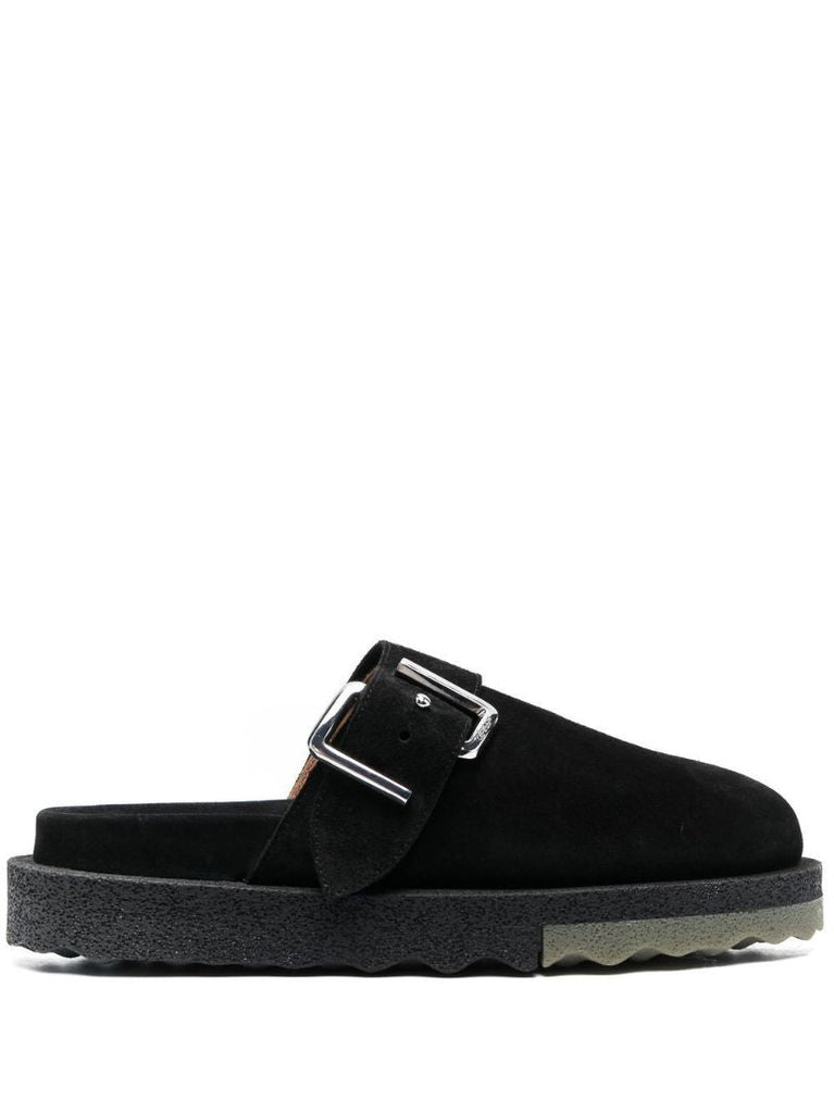 Black Buckle Detail Suede Slippers