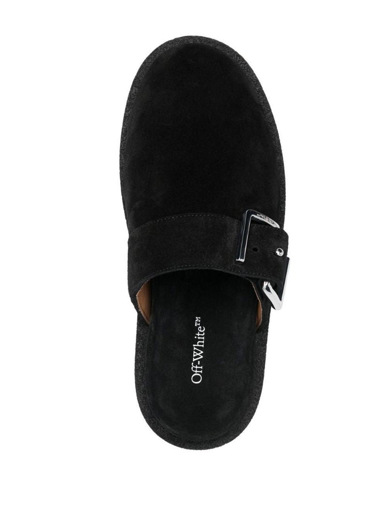 Black Buckle Detail Suede Slippers