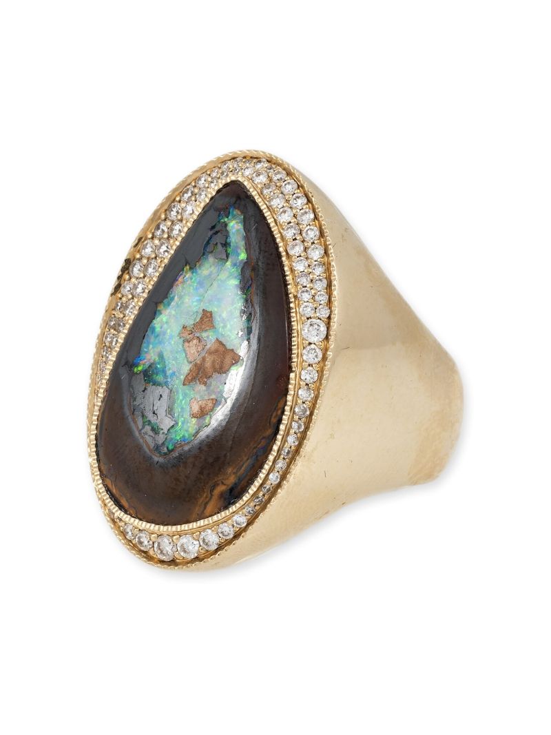 14k Yellow Gold Diamond and Opal Signet Ring