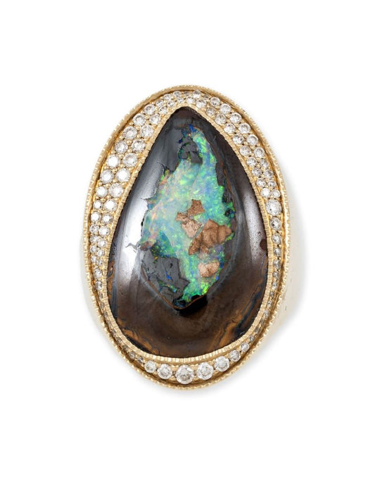14k Yellow Gold Diamond and Opal Signet Ring