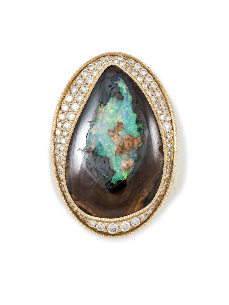 14k Yellow Gold Diamond and Opal Signet Ring
