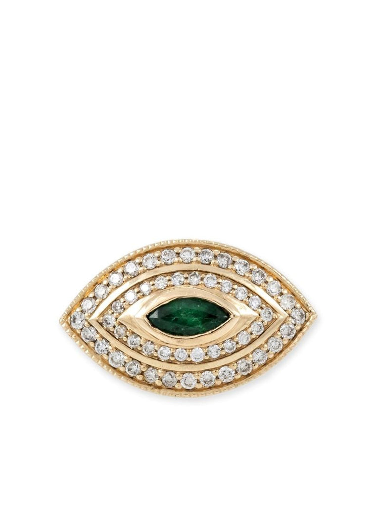 14k Yellow Gold Halo Eye Diamond and Emerald Ring