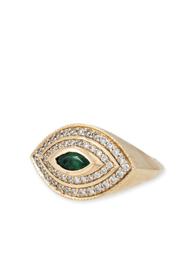 14k Yellow Gold Halo Eye Diamond and Emerald Ring