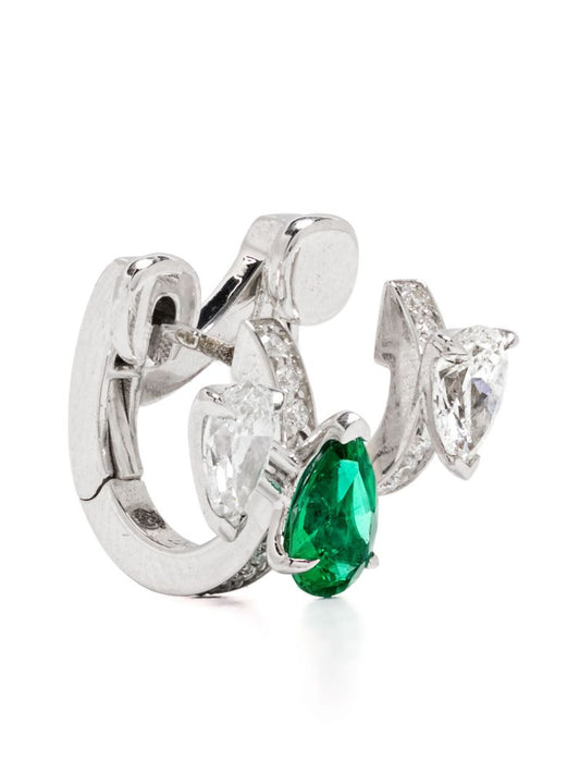 18k White Gold Serti Sur Vide Diamond and Emerald Single Earring