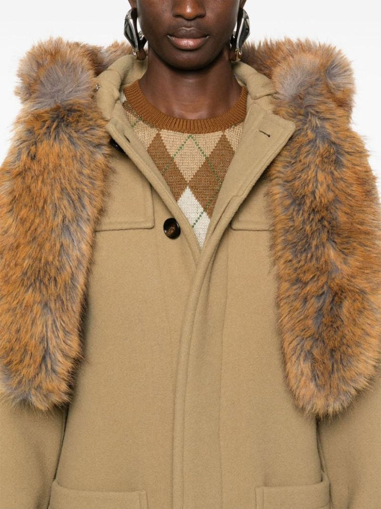 Brown Faux-fur Trim Wool Coat